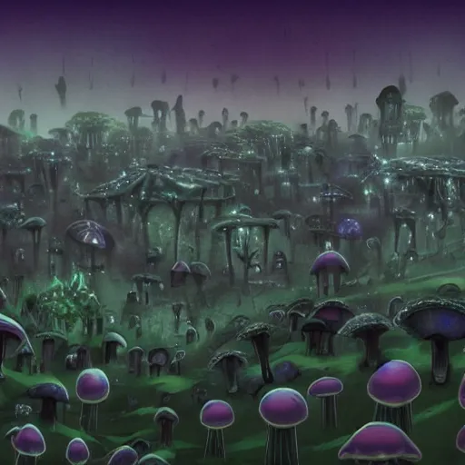 Prompt: a fungal city walking on many legs, in a dark mystical landscape with dark purple sky, with bioluminescent life