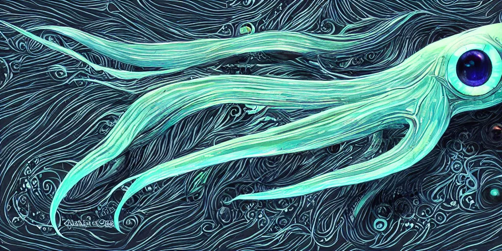 Image similar to squid, stylized layered shapes, long flowing fins, bioluminescent orbs, diffuse lighting, glowing eye, intricate, elegant, highly detailed, lifelike, photorealistic, digital painting, artstation, smooth, sharp focus,