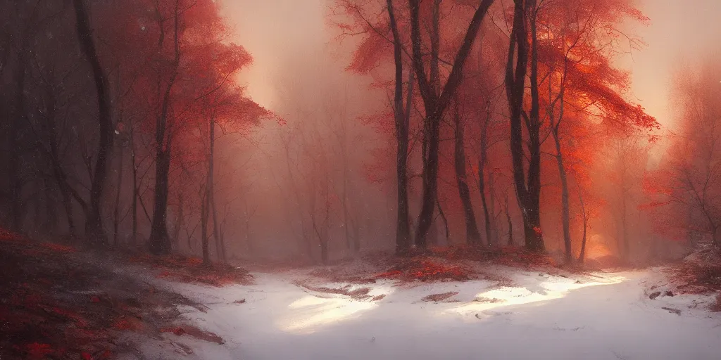 Image similar to A beautiful oil painting of a valley covered in snow, trees with red and orange leaves, yellow lighting, gloomy, atmospheric lighting, detailed, by greg rutkowski, trending on artstation