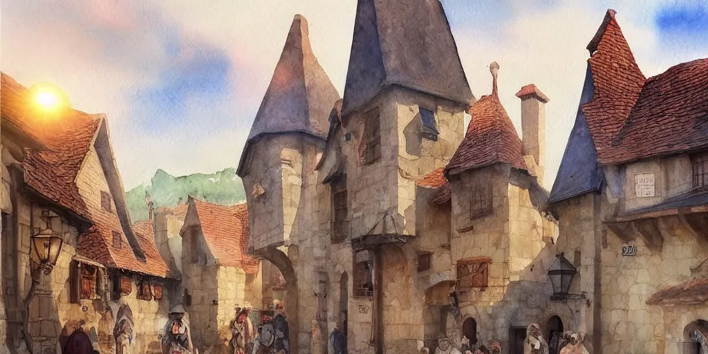 Image similar to medieval town, summer morning light, exquisite masterpiece watercolor painting, trending on artstation