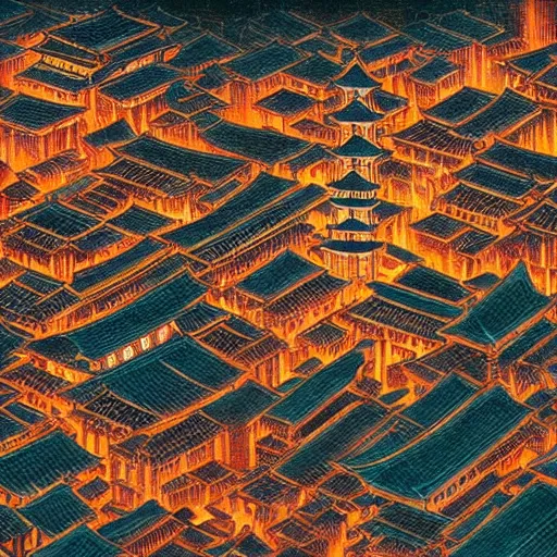 Prompt: A beautiful painting of the Ancient city in China at night by Victo Ngai, Hyakki Yako, effect, unreal engine, Trending on artstation，super wide view、Overhead view