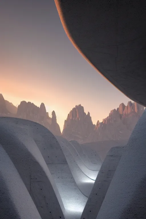 Image similar to sci - fi concrete brutalist architecture in the italian dolomites, snowfall, rutkowski, zaha hadid, beksinski, oil painting, photoreal, highly detailed, 8 k, hd, vray, artstation, cinematic matte painting, extreme detail photo quality, sunset, featured on behance