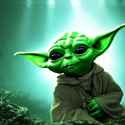 Image similar to stunning awe inspiring yoda swimming under water, 8 k hdr under water photo, amazing lighting