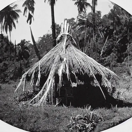 Image similar to lost film footage of a sacred indigenous artifact in the middle of the ( ( ( ( ( ( ( ( ( ( tropical jungle ) ) ) ) ) ) ) ) ) ) / ethnographic object / film still / cinematic / enhanced / 1 9 0 0 s / black and white / grain