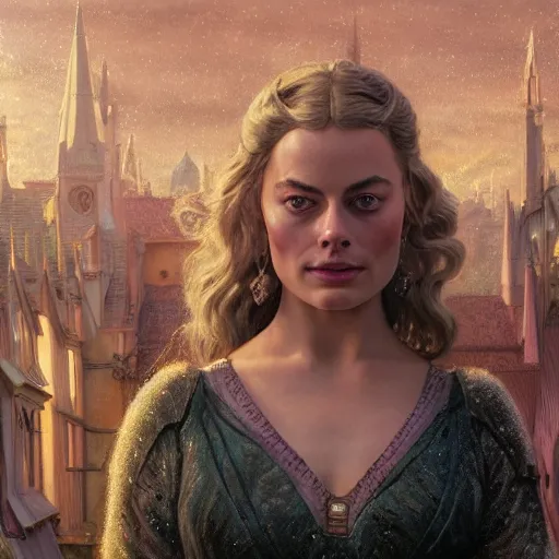 Prompt: a very detailed Magic portrait painting of Margot Robbie, a very detailed fantasy city background, a very detailed dramatic sky, light particles, environment drawn by Donato Giancola and Tom Bagshaw, Edmund Leighton, character design by Alphonse Mucha, 4k, volumetric lighting, komorebi, award winning, octane render, hyperrealistic