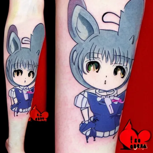 Image similar to anime manga catgirl robotic manga catgirl chibi kawaii by Hayao Miyazaki and Naoko Takeuchi, upper arm tattoo