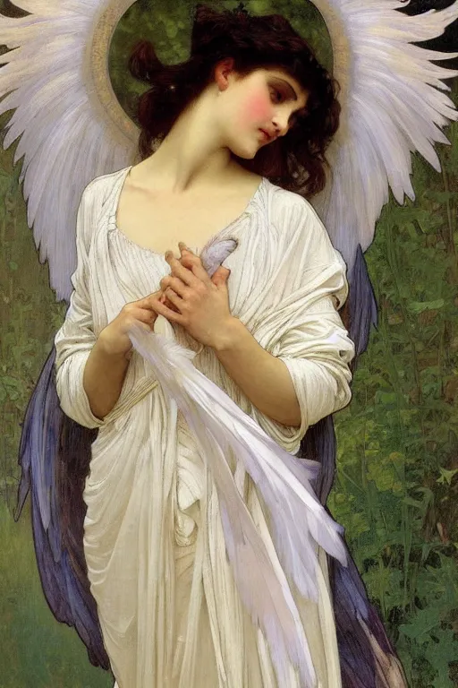 Image similar to painting of a beautifully dressed angel with huge feather wings, intricate, elegant, hyperdetailed by alphonse mucha and william - adolphe bouguereau and john william waterhouse