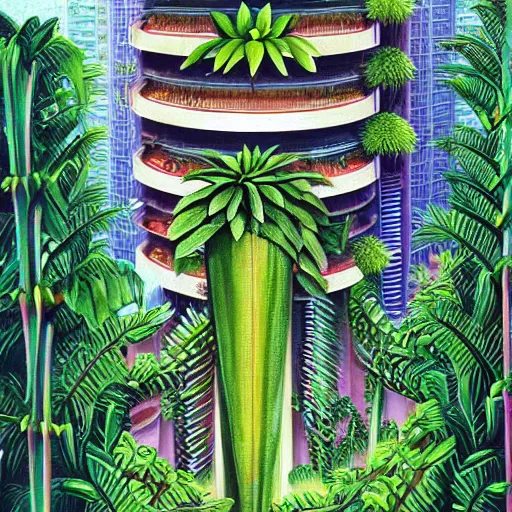 Image similar to a solar punk lush giant plants city, modern architecture by ricardo bofill, city of the jungle, by enrich, victorenrich, galactic nebula, surrealist oil painting