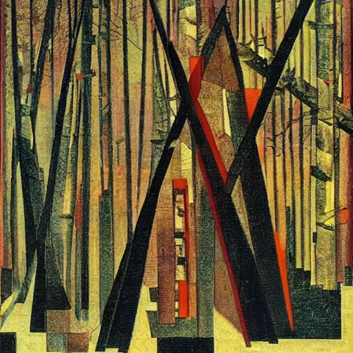 Prompt: an futuristic buidling in a dark forest by kazimir malevich