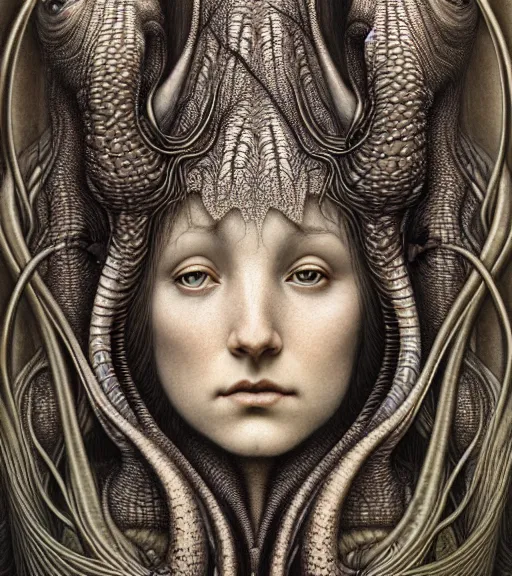 Image similar to detailed realistic beautiful dinosaur goddess face portrait by jean delville, gustave dore, iris van herpen and marco mazzoni, art forms of nature by ernst haeckel, art nouveau, symbolist, visionary, gothic, neo - gothic, pre - raphaelite, fractal lace, intricate alien botanicals, ai biodiversity, surreality, hyperdetailed ultrasharp octane render