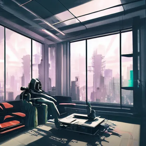 Prompt: cyberpunk, living room interior, windows, light rays, buildings, dystoptian, gorgeous view, no person, depth, game by Lucas Arts, clouds, tending on artstation