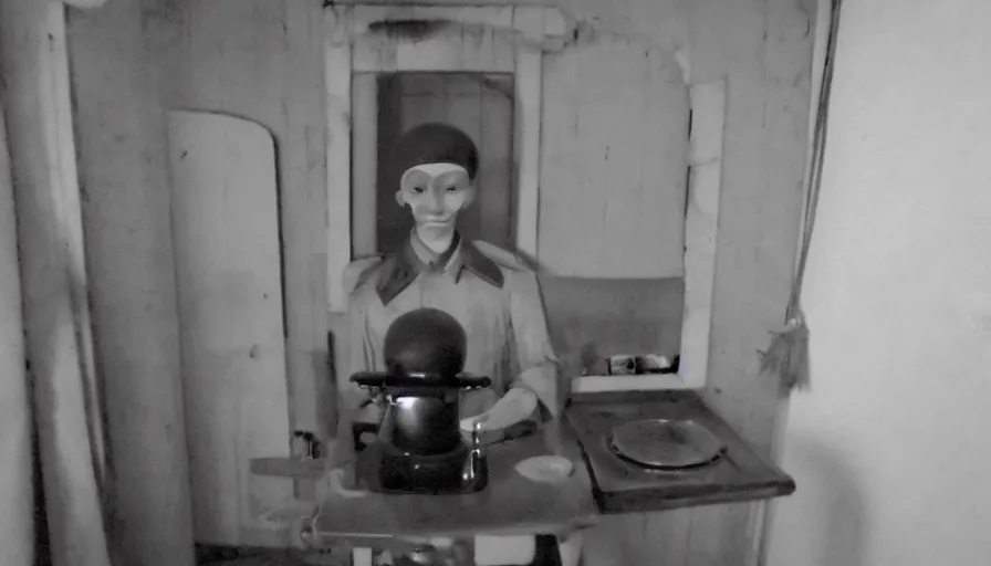 Image similar to a wax puppet in a stalinist style kitchen, mini dv camera found footage, very very low quality picture, heavy grain, caught on security camera, heavy jpeg artifact, night vision very blurry, caught on trail cam, 1 4 4 p, ultra wide lens