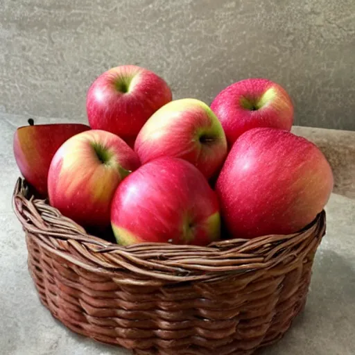 Prompt: 1 4 apples inside a brown braided basket