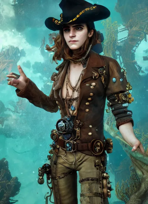 Image similar to underwater steampunk pirate cowboy portrait of emma watson, hyper detailed, digital art, cinematic lighting, studio quality, smooth render, unreal engine 5, octane rendered, art style by klimt and nixeu and ian sprigger and wlop and krenz cushart.