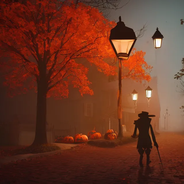 Prompt: night time jack o lantern man walking in a colonial street on halloween, over the garden wall pottsfield, tall maple trees along street, chimneys on buildings, old street lamps, pumpkin people walking, fall foliage, over the garden wall, light cinematic, volumetric, realistic, cinematic lighting, ray tracing, unreal engine 5, octane render, hyper realistic, 8 k