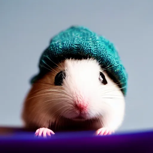 Image similar to a photograph of a dwarf hamster wearing a beanie, hd, macro photography, sharp focus, cinematic lighting, enhanced colors, flickr