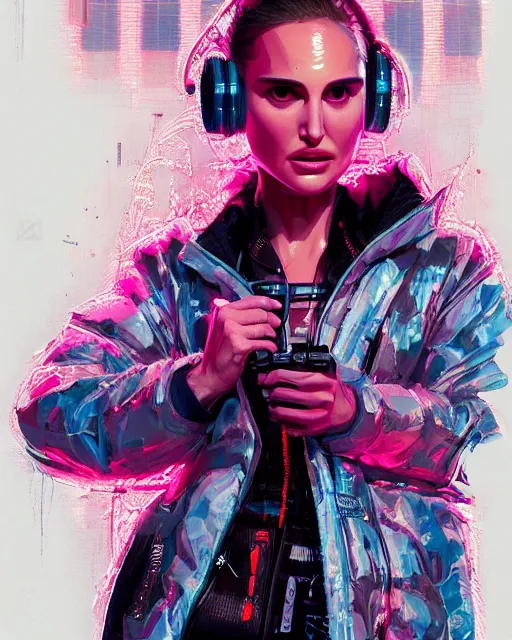 Prompt: detailed portrait Natalie Portman Neon Operator Girl, cyberpunk futuristic neon, reflective puffy coat, decorated with traditional Japanese ornaments by Ismail inceoglu dragan bibin hans thoma greg rutkowski Alexandros Pyromallis Nekro Rene Maritte Illustrated, Perfect face, fine details, realistic shaded, fine-face, pretty face