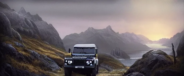 Image similar to Land Rover Defender 110 (1985), an epic fantasy, dramatic lighting, cinematic, establishing shot, extremely high detail, photorealistic, cinematic lighting, artstation, by simon stalenhag, The Elder Scrolls V: Skyrim, Whiterun Hold, Dragonsreach castle in the distance, Battle for Whiterun city, Stormcloaks vs Imperials, Swarms of Stormcloaks and Imperials fighting eachother, Intense fighting, Whiterun city burning, Skyrim Civil War