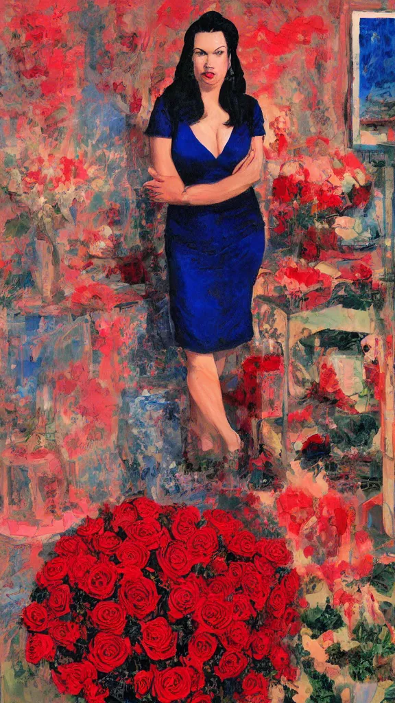 Prompt: portrait of rebekah delrio in lynch pattern dress beside of a big persian detailed pot of red roses, blue and red lights, mulholland drive, painted by craig mullins