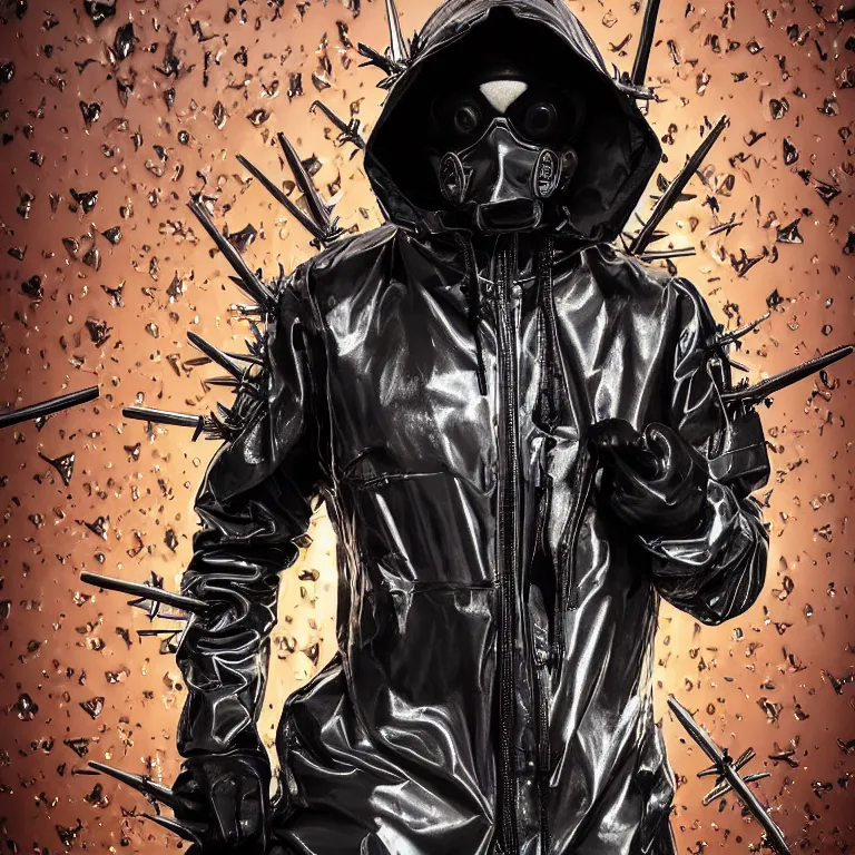 Prompt: vogue portrait octane render portrait by wayne barlow and carlo crivelli and glenn fabry, a man wearing a shiny black latex punk rock hazmat suit covered in band decals and metal spikes, dramatic lighting, fog and mist, cinema 4 d, ray traced lighting, very short depth of field, bokeh