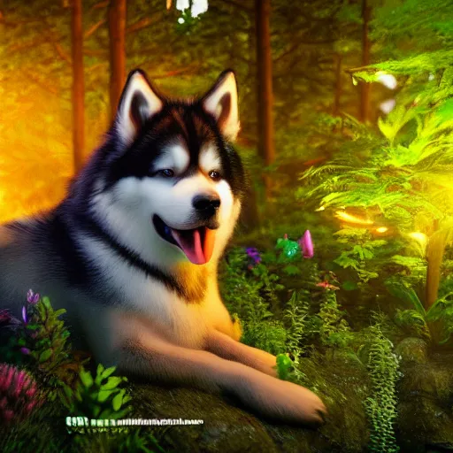 Prompt: flower alaskan malamute playing in a bioluminescent forest at dusk, octane render, unreal engine, colorful, beautiful