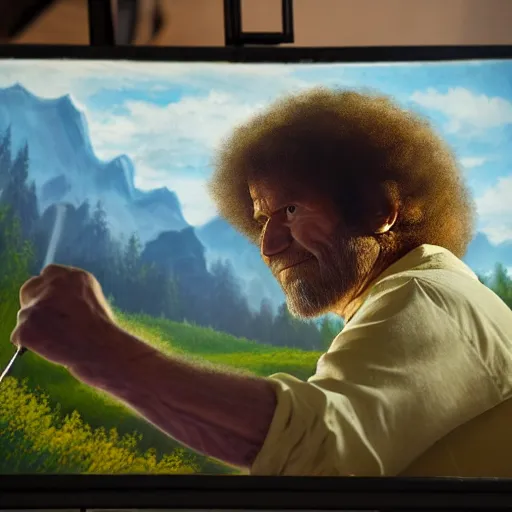 Image similar to a closeup photorealistic photograph of bob ross working on a canvas painting of the incredible hulk. film still. brightly lit scene. mountains and trees. this 4 k hd image is trending on artstation, featured on behance, well - rendered, extra crisp, features intricate detail, epic composition and the style of unreal engine.