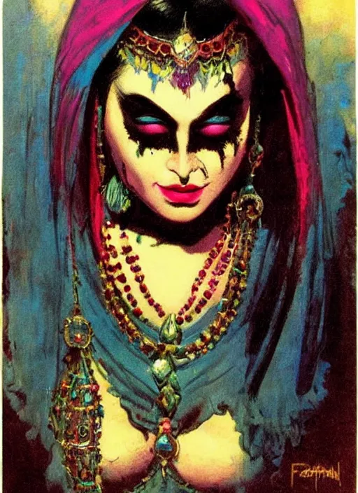 Image similar to female indian vampiress, jeweled veil, strong line, saturated color, beautiful! coherent! by frank frazetta, high contrast