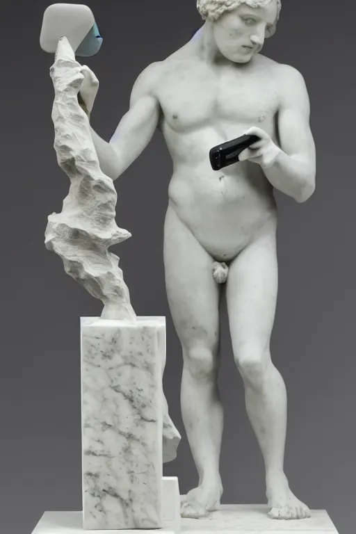 Image similar to marble sculpture of a man holding a marble phone to take a selfie