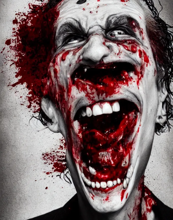 Image similar to a really creepy photography of joker laughing open mouth, hyper realistic, ultra detailed, portrait photo, black background, horror, blood