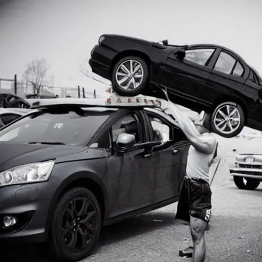 Prompt: a strong man lifting a car, the car is on top of him