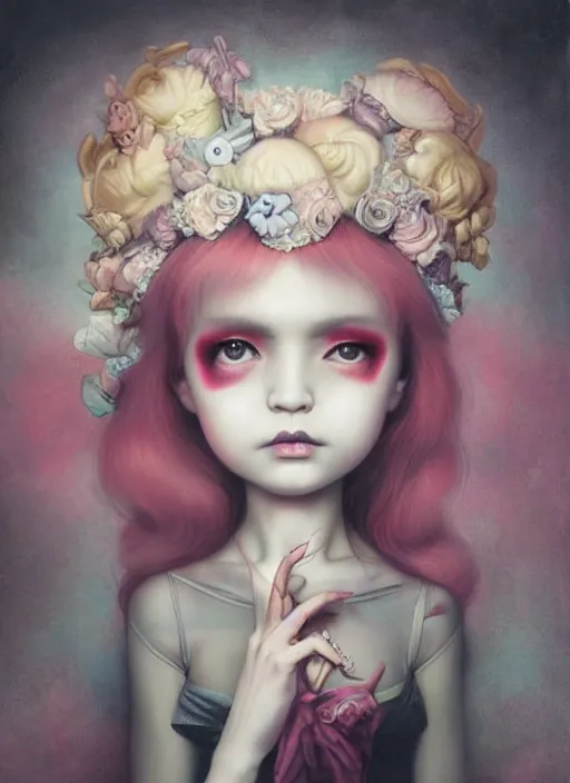 Image similar to pop surrealism, lowbrow art, realistic cute girl painting, japanese street fashion, hyper realism, muted colours, rococo, natalie shau, loreta lux, tom bagshaw, mark ryden, trevor brown style,