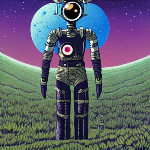 Prompt: a portrait of pilot android symbiotic in spacesuit on field forrest spaceship station landing laying lake artillery outer worlds in FANTASTIC PLANET La planète sauvage animation by René Laloux