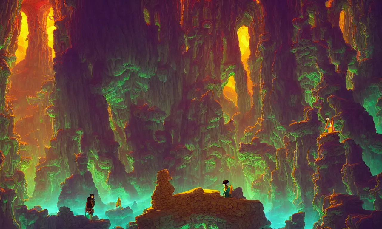 Image similar to large kerberos realm, wizard issues ticket close up, reading a directory, colorful ravine, 3 d art, digital illustration, perfect lighting