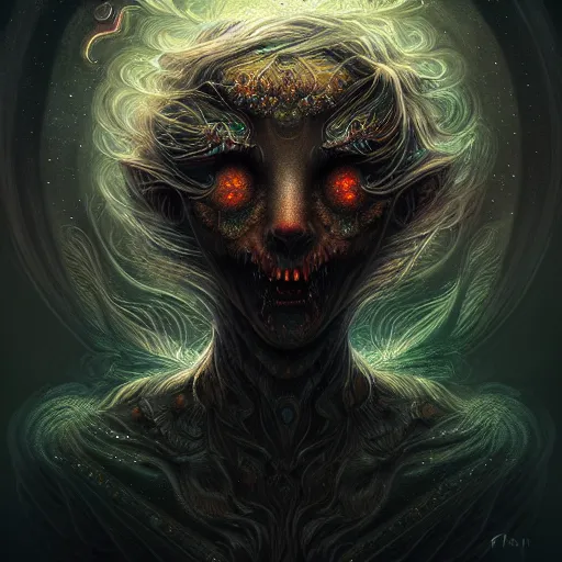 Image similar to : fantasy magic,, intricate, sharp focus, illustration, highly detailed, digital painting, concept art, matte, jahbu art, skinwalker, horror, scary, cosmic, cosmos