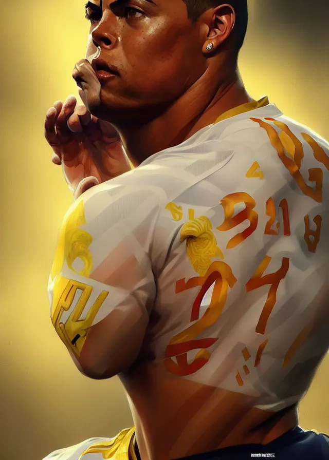 Image similar to ronaldo luis nazario da lima, football player, highly detailed, digital painting, artstation, concept art, smooth, sharp focus, illustration, art by artgerm and greg rutkowski and alphonse mucha