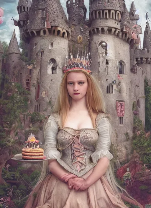 Image similar to closeup medieval bosch face portrait of a fairytale princess wearing a crown eating cakes in the castle, bikini, depth of field, zeiss lens, detailed and intricate environment, fashion photoshoot by nicoletta ceccoli, mark ryden, lostfish, breathtaking, 8 k resolution, extremely detailed, beautiful, establishing shot, artistic, hyperrealistic, octane render