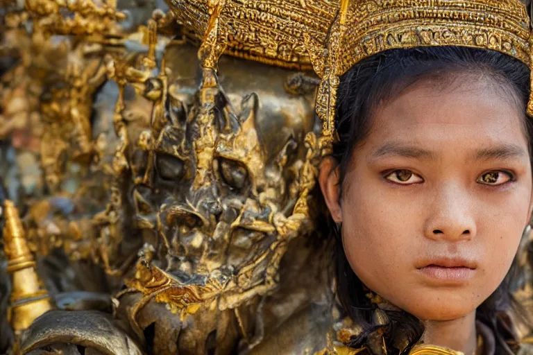 Prompt: close - up portrait photo of a beautiful khmer warrior prince in a battle scene, detailed eyes, shallow depth of field, photorealistic, cinematic lighting, lovely bokeh, warm colours, dusk