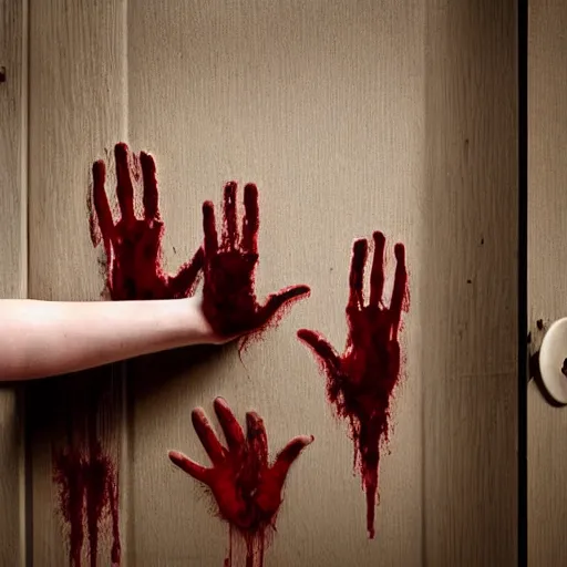 Prompt: an extremely creepy picture of hands coming out of a wooden closet with blood