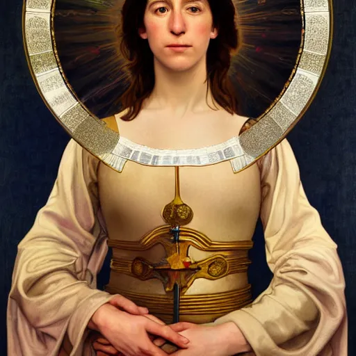 Image similar to portrait of charlotte gainsbourg as joan of arc, hyperreal digital painting, iconography influenced by alphonse mucha and eugene delacroix, arstation and deviantart trends, high resolution 8 k