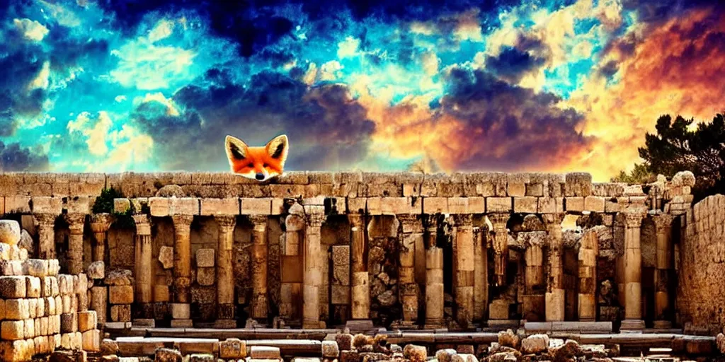 Prompt: a beautiful small fox in the huge ruins of the second temple in jerusalem, dreamy sky, the third temple hovers quietly hiding in the sky above, very colorful painting 8 k trending on art station, intricate superb details, digital art, very very very realistic, cinematic lighting, volumetric lighting, photographic, blur bokeh defocus dof sky by afremov.