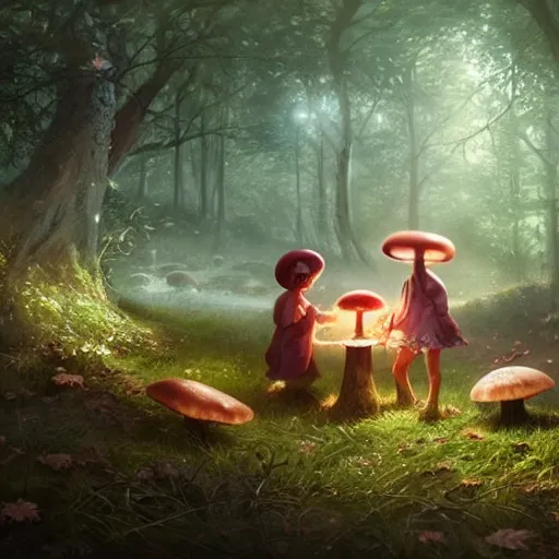 Image similar to a cute picnic in a mushroom forest. dramatic lighting, cgsociety masterpiece, artstation trending, greg rutkowski, 4k, digital art, concept art