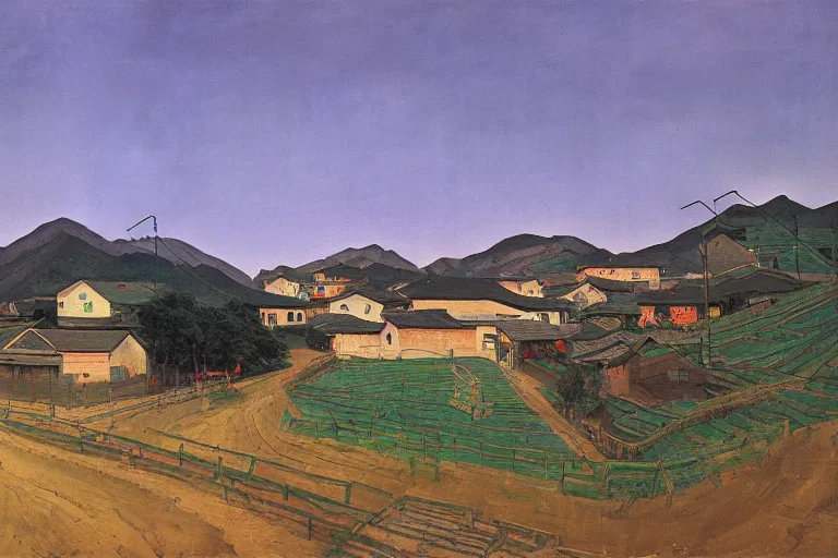 Image similar to landscape of rural village in china with neon lights by liu xiaodong and lucian freud, oil painting, stylized, clean, soft light