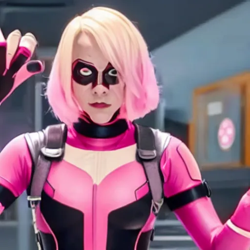 Image similar to A still of Gwenpool in Deadpool 3 (2023), no mask, blonde hair with pink highlights