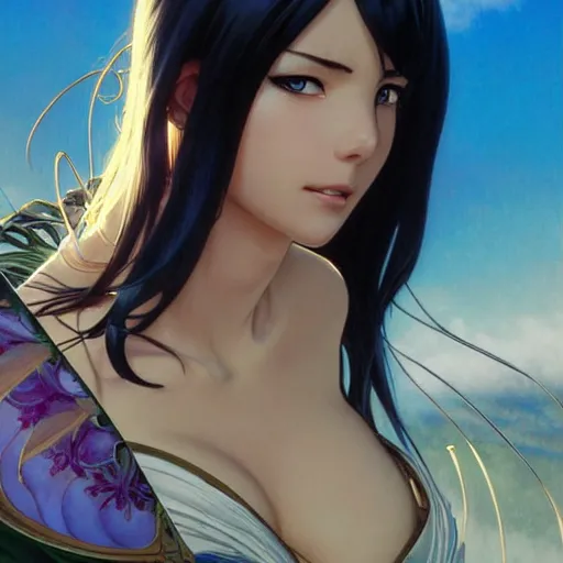 Image similar to highly detailed vfx portrait of nico robin by eiichiro oda, makoto shinkai, alphonse mucha, sharp focus, art by artgerm and greg rutkowski!, backlit, harsh overhead sunlight, blue eyes, stanley kybric, hiroya oku, makoto yukimura, takeshi obata, pixiv, fanbox,