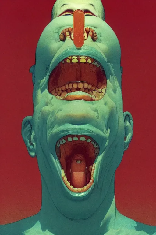 Image similar to a closeup portrait of a crazy man licking a tab of LSD acid on his tongue and dreaming psychedelic hallucinations, by kawase hasui, moebius, Edward Hopper and James Gilleard, Zdzislaw Beksinski, Steven Outram colorful flat surreal design, hd, 8k, artstation