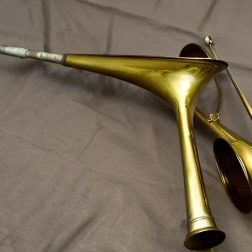 Prompt: a brass trombone that is rusty from end to end