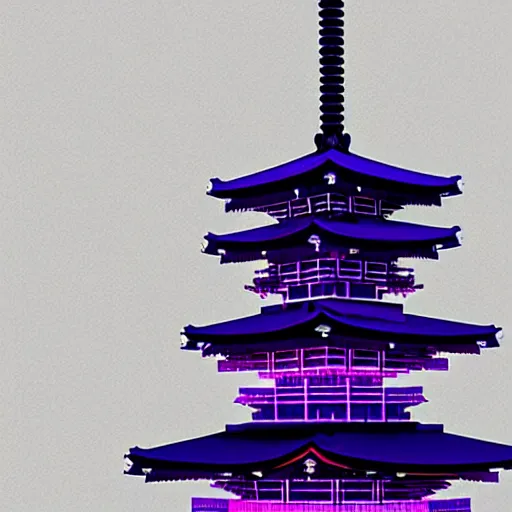 Image similar to Futuristic Pagoda Shrine in Tokyo megapolis in style of Tsutomu Nihei in purple and black tones. ArtStation, Cyberpunk, vertical symmetry, 8K, Highly Detailed, Intricate, Album Art.