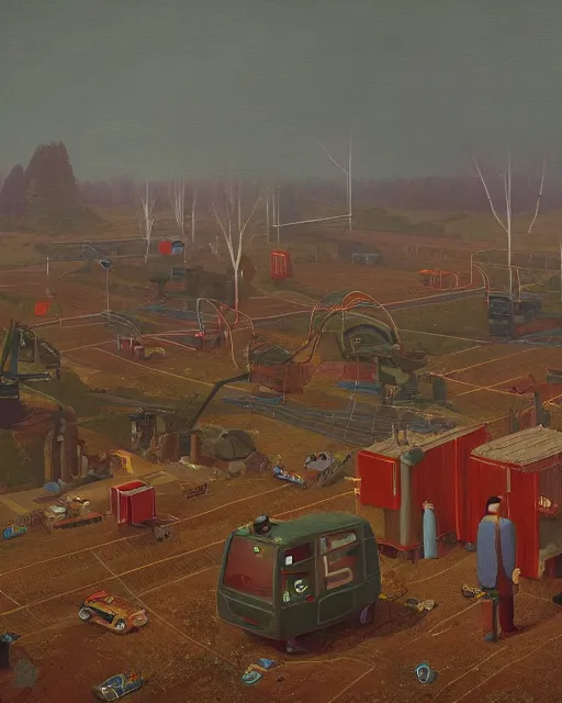 Prompt: the digital workers being robbed of their time and money by corporate overlords by Simon Stålenhag and Grant Wood, oil on canvas