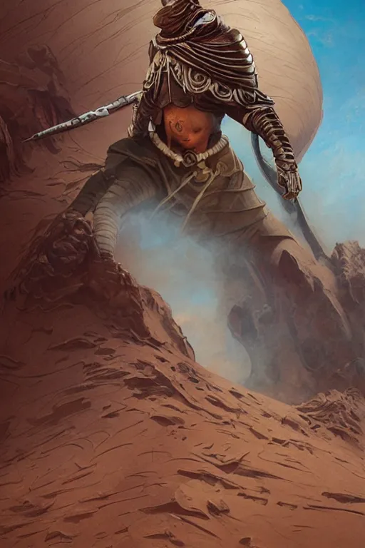 Prompt: dune themed epic bloodbound fremen warrior, desert breathing armor, graffiti, street art sketch by sachin teng, moebius, artgerm, michael cheval, esao andrews, francois boucher, masterpiece, intricate organic painting, matte painting, hard edges, highly detailed, cinematic lighting character art movie poster by drew struzan