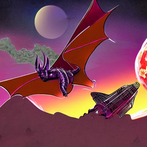 Image similar to a purple dragon fighting a retro spaceship with a volcano in the background, concept art